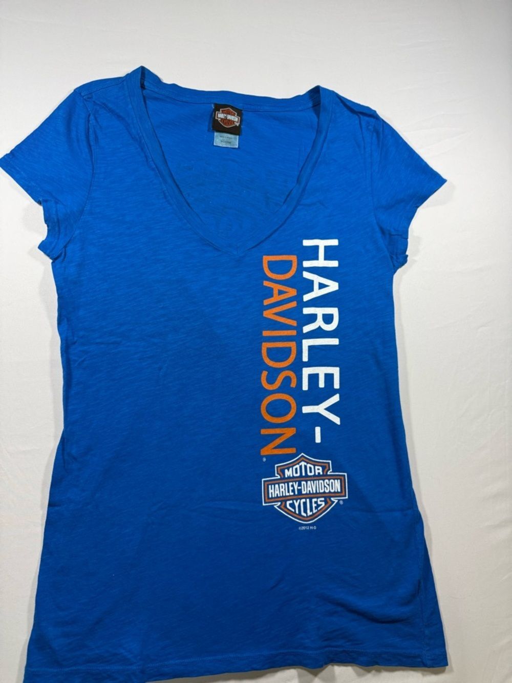 Harley-Davidson Women's Blue V-Neck T-Shirt Kegel Rockford IL 100th Anniversary